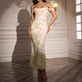 Elegant white bodycon dress with yellow lily print and pleated details on the side - Yellow Floral