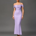 Elegant off-shoulder ruched bodycon fishtail maxi dress in a soft light purple finish - Light Purple