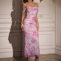 Pink floral ruched off-shoulder mesh maxi dress featuring a slim bodycon fit and rose pattern - Rose Pattern on Pink