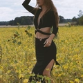 Elegantes schwarzes langärmliges Set mit Cut-out-Oberteil und Maxirock mit hohem Schlitz - XL / Langarm-Schlitz-Maxirock-Stil (2525) / Schwarz