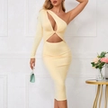 Eng anliegendes hellgelbes One-Shoulder-Netzkleid mit Cut-Out-Design und Ärmel - L / One-Shoulder Cut-Out Midi Kleid / Khaki