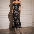 Floral off-the-shoulder ruched bodycon maxi dress in black with vintage flower print - Black Print
