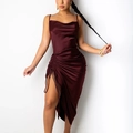 Deep burgundy satin slip midi dress with side drawstring ruched slit detail - Burgundy