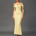Elegant champagne off-shoulder ruched maxi dress with slimming bodycon fit for women - Yellow