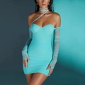 Light blue ruched off-shoulder mesh mini dress with matching long sleeves and neck strap - XS / Blue