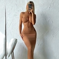 Sexy halter neck cutout backless maxi dress in brown high-stretch knit fabric - XS / Khaki