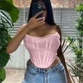 Pink corset mesh tank top with boning detail paired with blue denim jeans - S / Pink