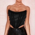 Chic black corset top with mesh paneling and boning detail for a flattering slim fit - S / Black