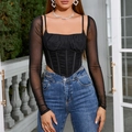 Damen Korsett-Top in Schwarz mit langen Netzärmeln, eckigem Ausschnitt und Stäbchen - XS / Schwarz