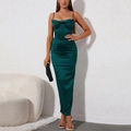 Elegant emerald green satin slip dress featuring a corset bodice and pleated maxi silhouette - XS / Green