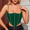 Dark green slim fit corset top with vertical rhinestone trim and pointed hem design - S / Dark Green