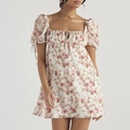 Short puff sleeve floral dress in white with pink rose pattern and square neckline - XS / Pink Floral