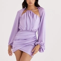 Elegant lavender satin ruched mini dress with halter neck and puff sleeves - XS / Lavender