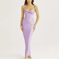 Elegant purple satin corset maxi dress with draped neckline and bodycon mermaid fit - XS / Lavender