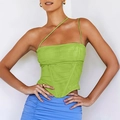 Top a corsetto verde neon sexy con spalline asimmetriche e dettagli a stecche - S / Verde Lime