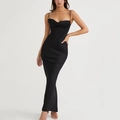 Elegant black satin cowl neck corset maxi dress with fishtail hem and slim fit design - XS / Black