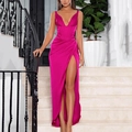 Elegant fuchsia satin evening gown featuring a deep V-neck, corset waist, and high side slit - XS / Rose Red