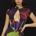 Slim fit corset top with colorful abstract print, mock neck, and front teardrop cutout - XS / Colorful Floral