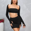 Set due pezzi nero da donna con top corto a maniche lunghe e minigonna aderente con spacco - S / Nero