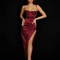 Elegant burgundy satin slip maxi dress with high slit and pleated bodycon design - XS / Red