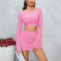 Sparkly pink mesh two-piece set featuring long flare sleeves and matching bodycon mini skirt - XS / Pink