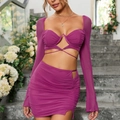Completo magenta in rete con crop top cut-out a maniche lunghe e minigonna arricciata - XS / Prugna