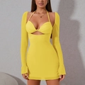 Sexy yellow mesh mini dress with halter neck, long sleeves, and cutout chest design - XS / Yellow