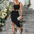 Elegante set nero a due pezzi con top corto a pieghe e gonna midi asimmetrica - XS / Pantaloni e gonne / Nero