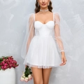 Elegant white mesh corset mini dress with puffy sleeves and sweetheart neckline - XS / White
