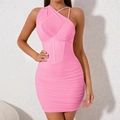 Pink one-shoulder mesh mini dress with corset boning and ruched bodycon fit - XS / Pink