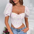Top a corsetto floreale da donna con maniche a sbuffo e scollo a cuore in lavanda - XS / Floreale Rosa Bianco Verde