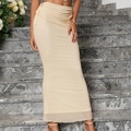 Elegant champagne ruched bodycon maxi skirt with side drawstring and mesh fishtail hem - Apricot