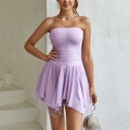 Lavender strapless mesh dress with layered ruffle skirt and sparkling evening handbag - S / Light Purple