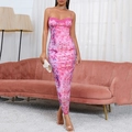 Pink floral maxi mesh dress with lace patchwork and slim fit spaghetti straps style - XS / Pink