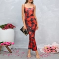 Elegant slim fit red floral slip maxi dress with sexy side slit for stylish women - XS / Big Red Flowers