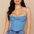 Detail of light blue satin corset top with cowl neck and boning structure - XS / Blue