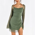 Slim fit mesh long sleeve dress in sage green with high side slit and halter neckline - XS / Pine Green
