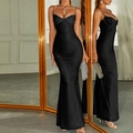Elegant black sequin mesh maxi dress with thin straps and rhinestones for summer parties - XS / Black