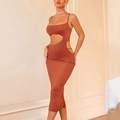 Robe midi moulante dos nu à découpes couleur terre cuite avec encolure carrée et bretelles - XS / Marron