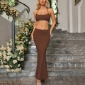 Chic chocolate brown halter top and high-waisted mermaid skirt two-piece set for women - L / Brown