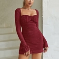 Sparkly burgundy sequin mini dress with long sleeves, square neck, and ruched mesh fabric - XS / Burgundy