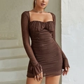 Sexy dark brown long sleeve ruched mesh mini dress with sequins and square neckline - XS / Brown