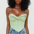 Floral print cowl neck corset top in light green with yellow flowers and boning detail - XS / Light Green