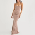 Elegantes rückenfreies Bodycon-Maxikleid mit Spaghettiträgern und Fischschwanzsaum in Camel - XS / Khaki