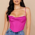 Haut corset en satin rose vif avec bretelles spaghetti et col bénitier drapé - XS / Rose rouge