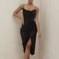 Black satin slip dress with cowl neck, gathered draping details and high side slit - XS / Black