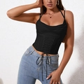Damen Corset-Oberteil in Schwarz mit Wasserfallausschnitt und Schnürung an der Taille - XS / Schwarz