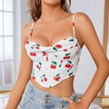 White corset crop top with cherry print and boning detail worn with blue jeans - XS / Cherry Red