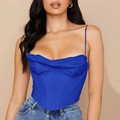 Top corset en satin bleu roi avec col bénitier et fines bretelles spaghetti - XS / Bleu foncé