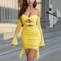 Sexy yellow bodycon mini dress with ruching, halter neck, and flared long sleeves - S / Yellow